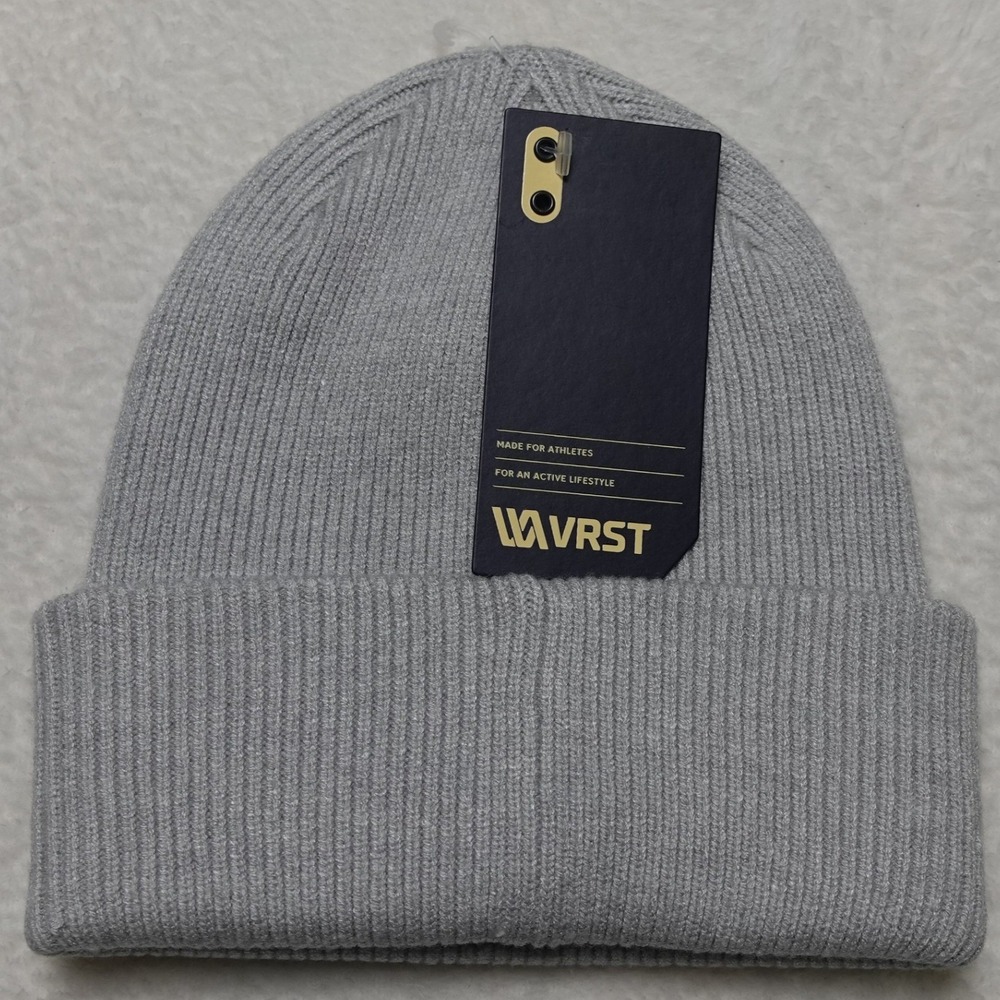 VRST Ribbed Beanie Mens OSFM Light Heather Grey Cuffed Knit Athletic Hat